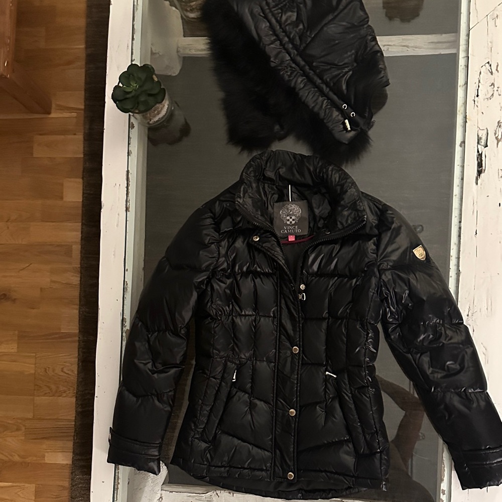 Vince Camuto Black Quilted Puffer Jacket with Detachable Faux Fur Trim